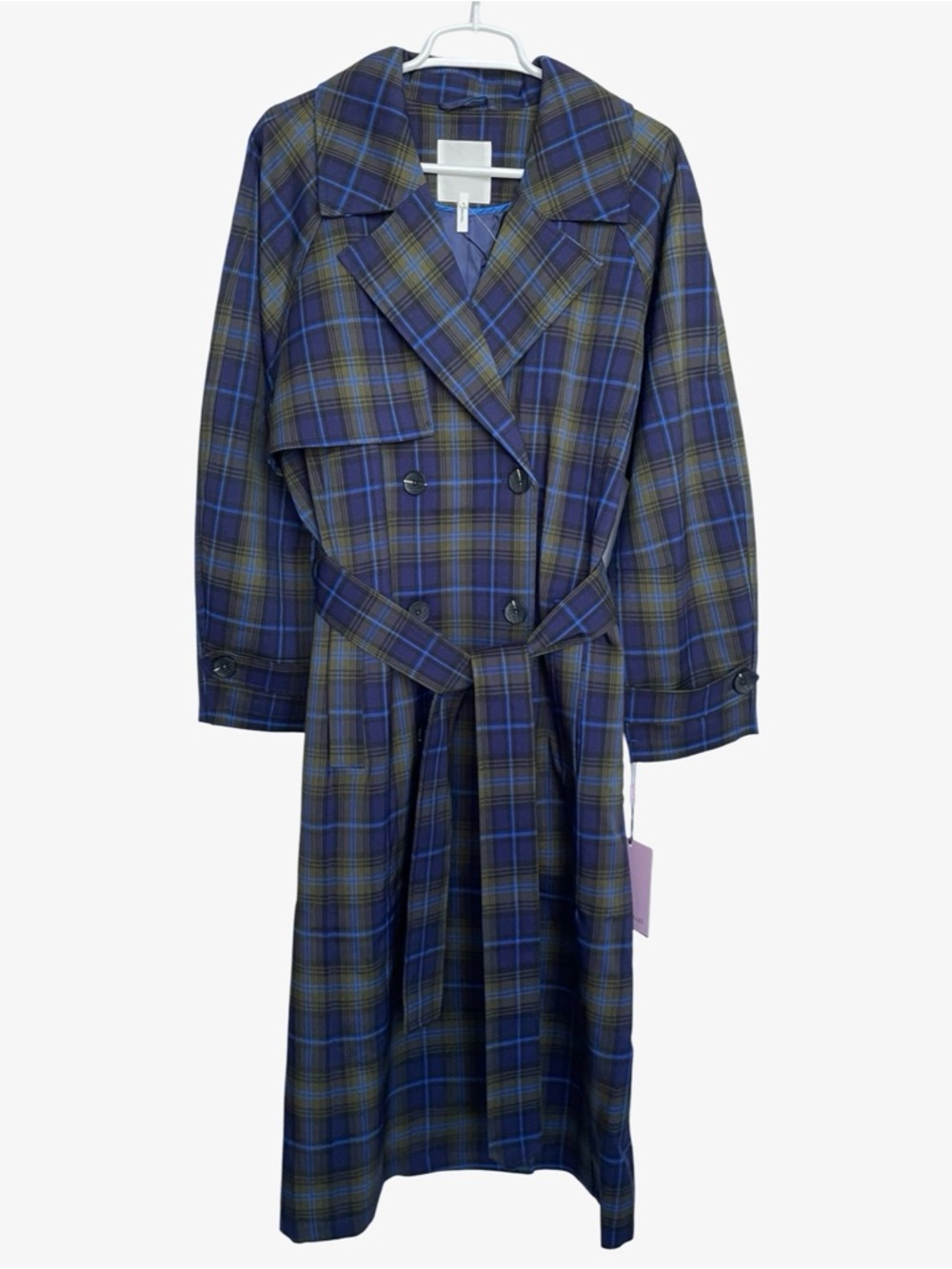 Avec Les Filles Double-Breasted Trench Coat Navy Plaid Large NWT - Picture 5 of 16
